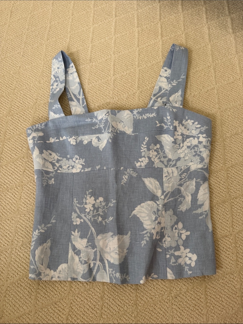 Reformation Light Blue and White Floral Linen Square-Neck Camisole